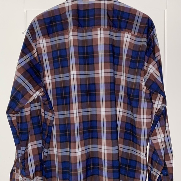 Bugatchi Uomo Shaped Fit‎ Brown Blue Plaid Collared Untucked Men XL Office Work - Picture 3 of 6
